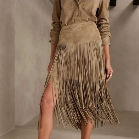 Banana Republic Women's Sevilla Suede Fringe Skirt Size 14